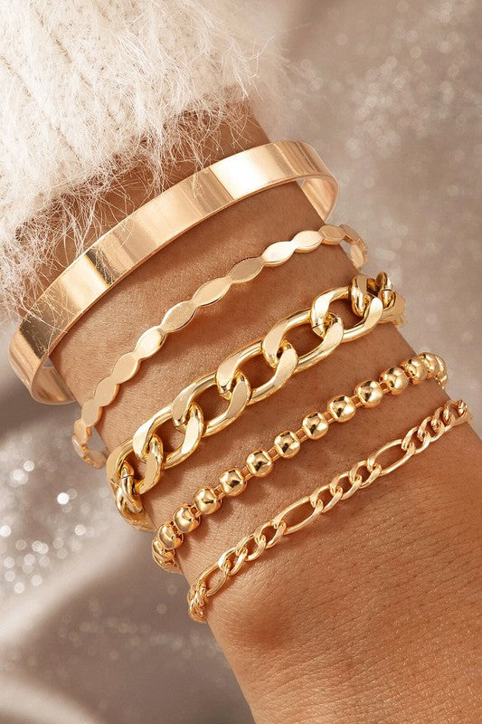 5 pc Gold Chain Bracelet Set