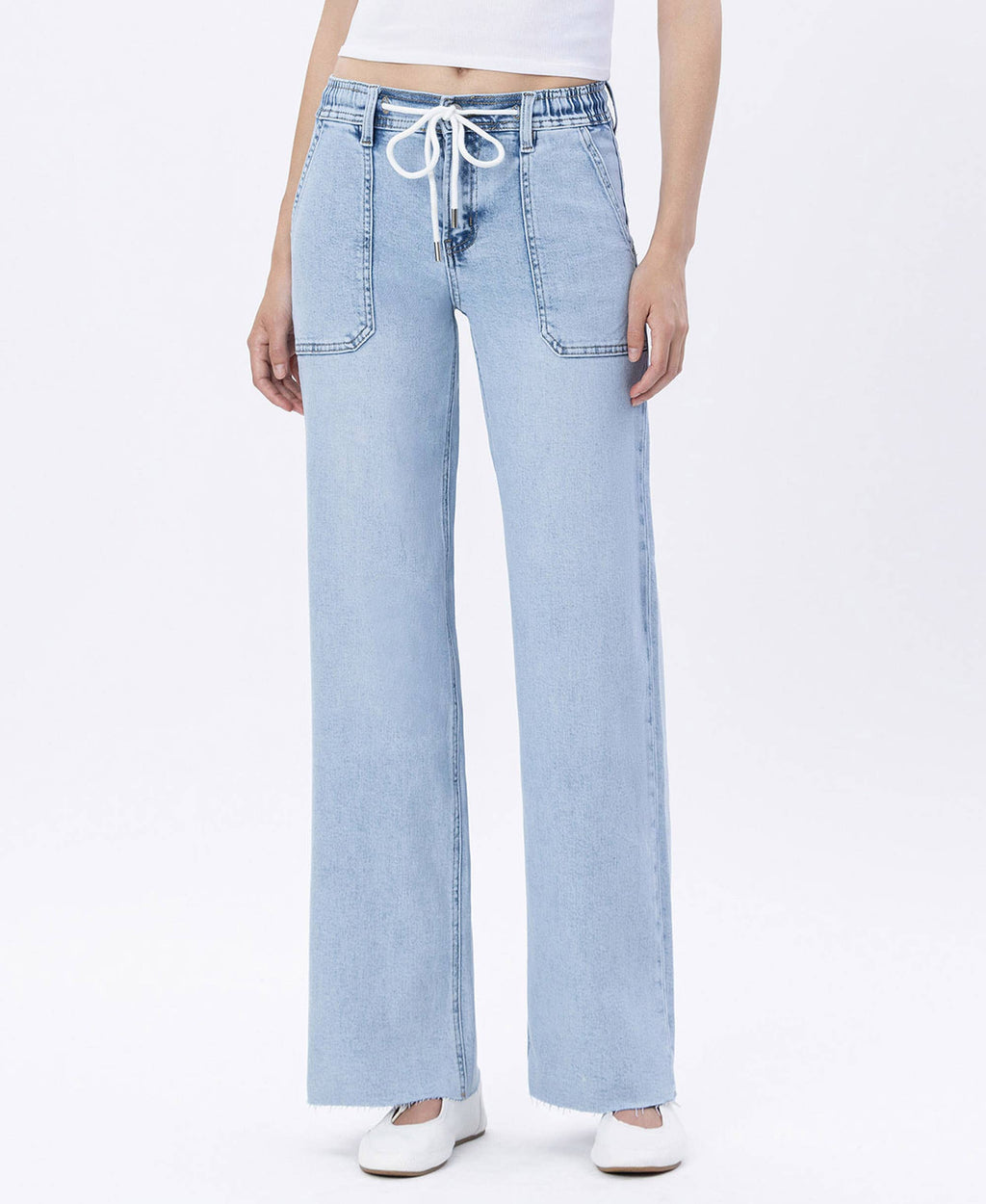 LOVERVET-HIGH RISE DRAWSTRING WAISTBAND WIDE LEG JEANS