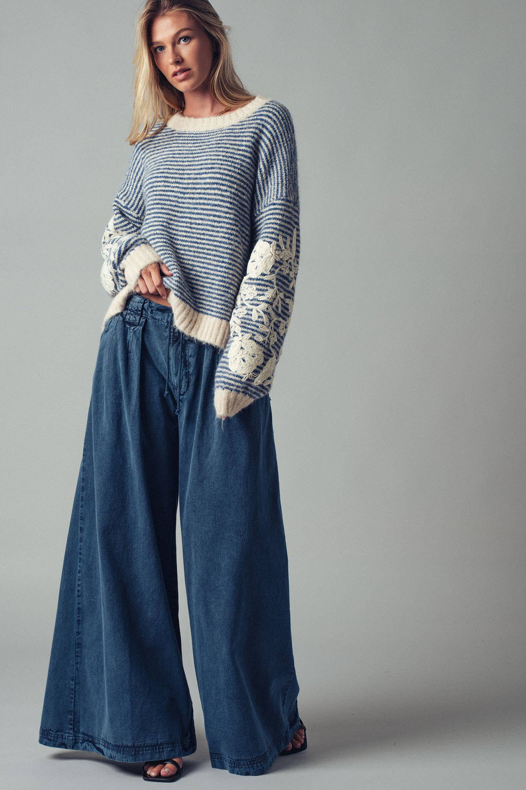 Floral Embroidered Striped Knit Sweater