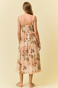 FLORAL SILKY WOVEN V WAIST MIDI DRESS