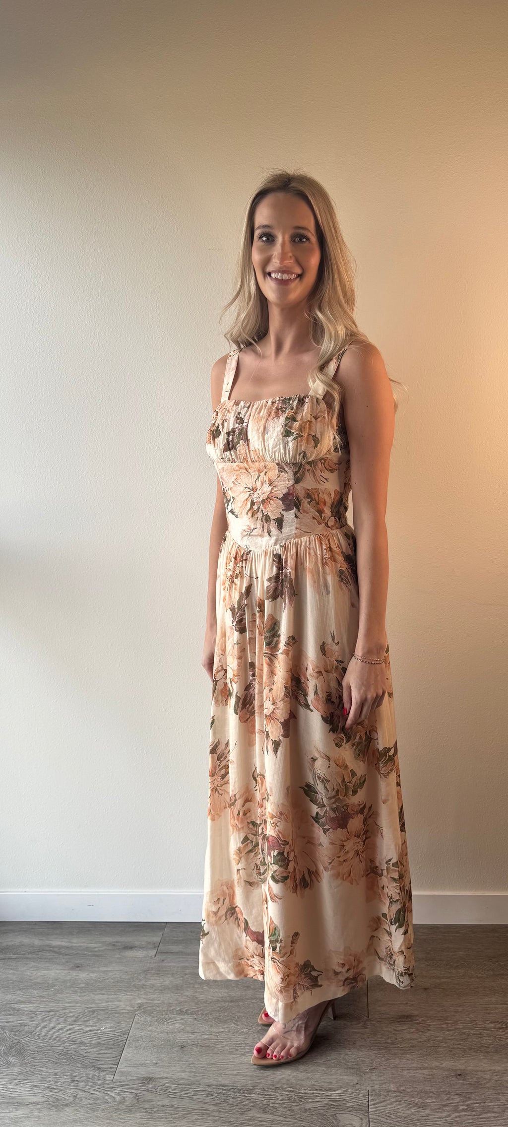 FLORAL SILKY WOVEN V WAIST MIDI DRESS