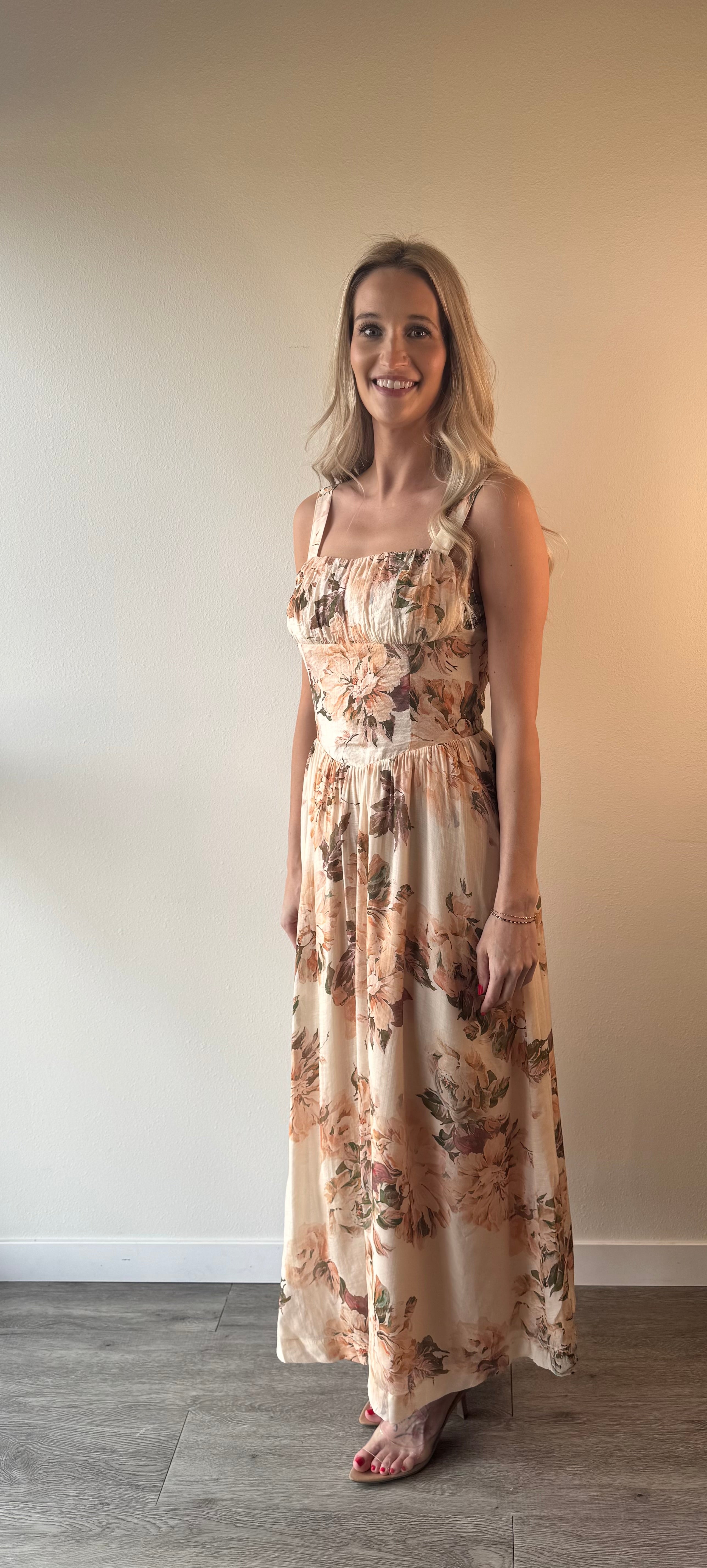 FLORAL SILKY WOVEN V WAIST MIDI DRESS