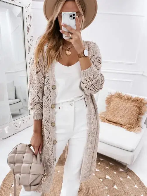 Khaki Openwork Knit Cardigan