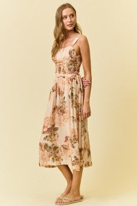 FLORAL SILKY WOVEN V WAIST MIDI DRESS