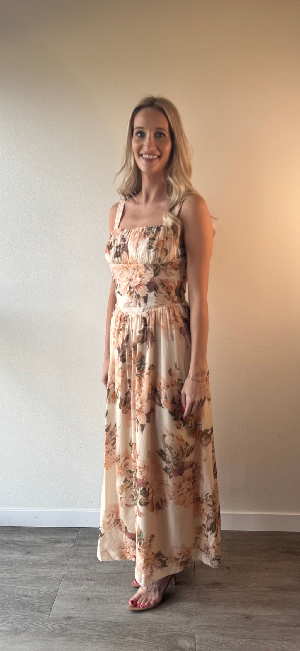 FLORAL SILKY WOVEN V WAIST MIDI DRESS