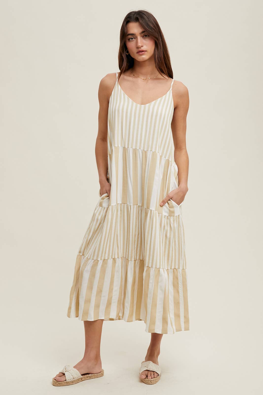 MULTI-STRIPED TIERED MIDI DRESS