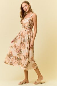 FLORAL SILKY WOVEN V WAIST MIDI DRESS