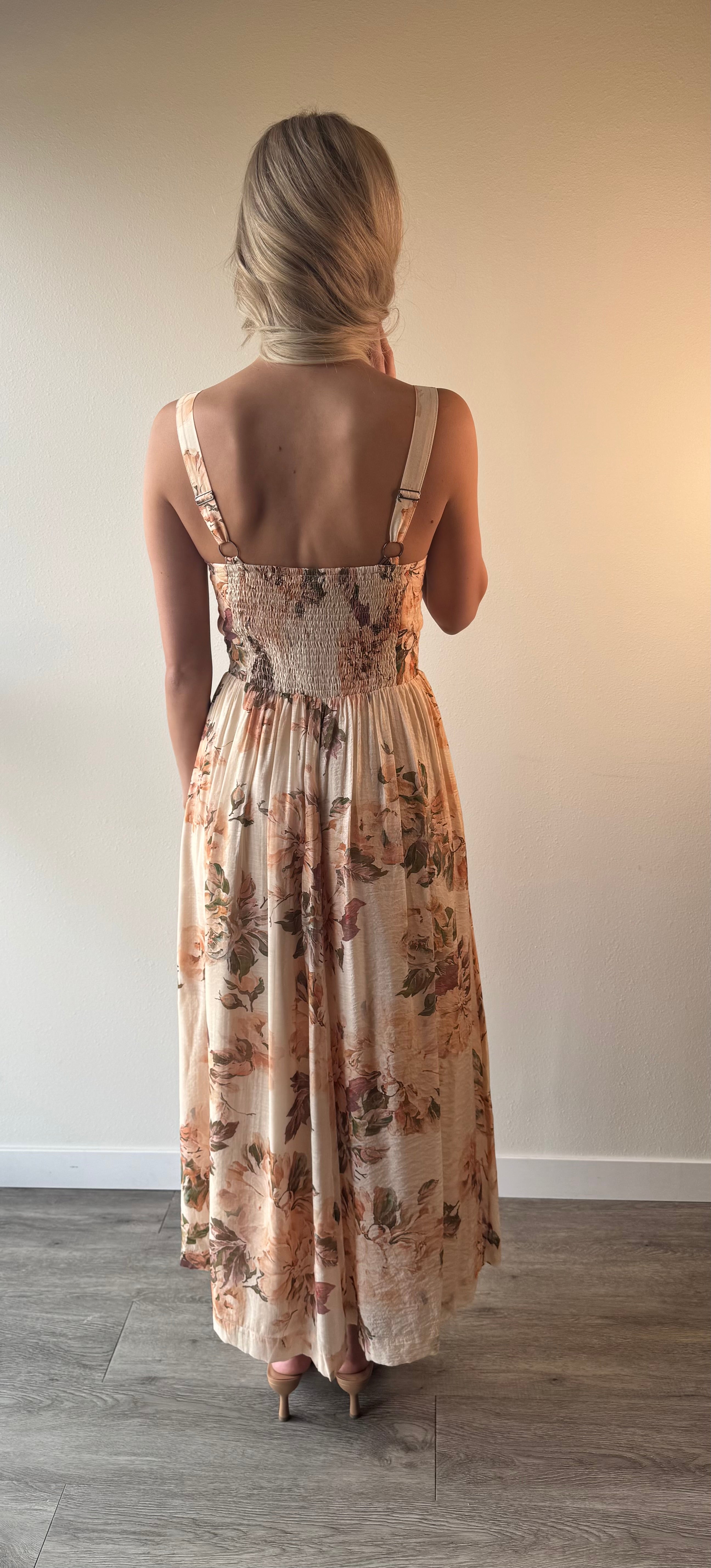 FLORAL SILKY WOVEN V WAIST MIDI DRESS