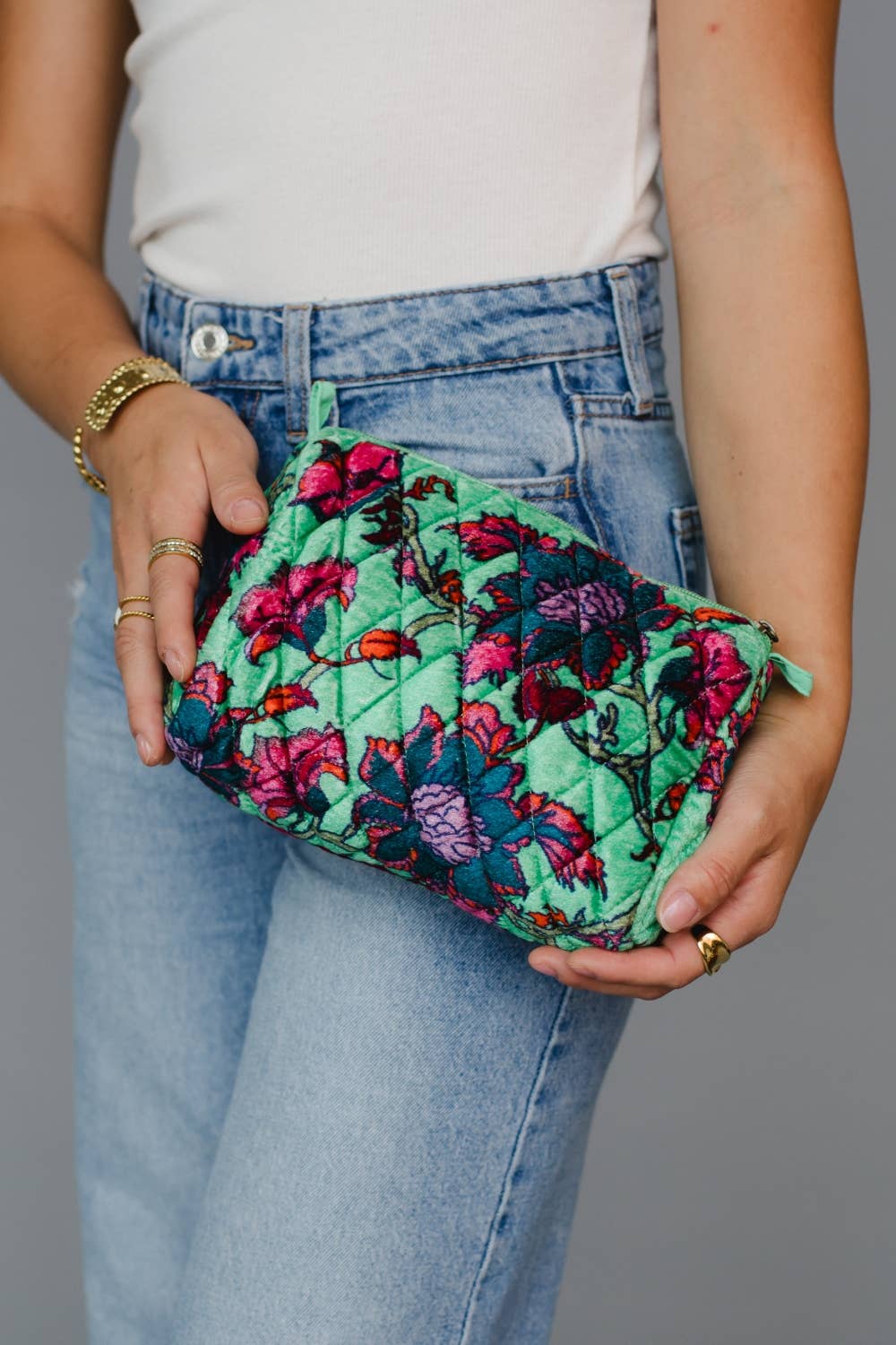 Mint Floral Makeup Bag