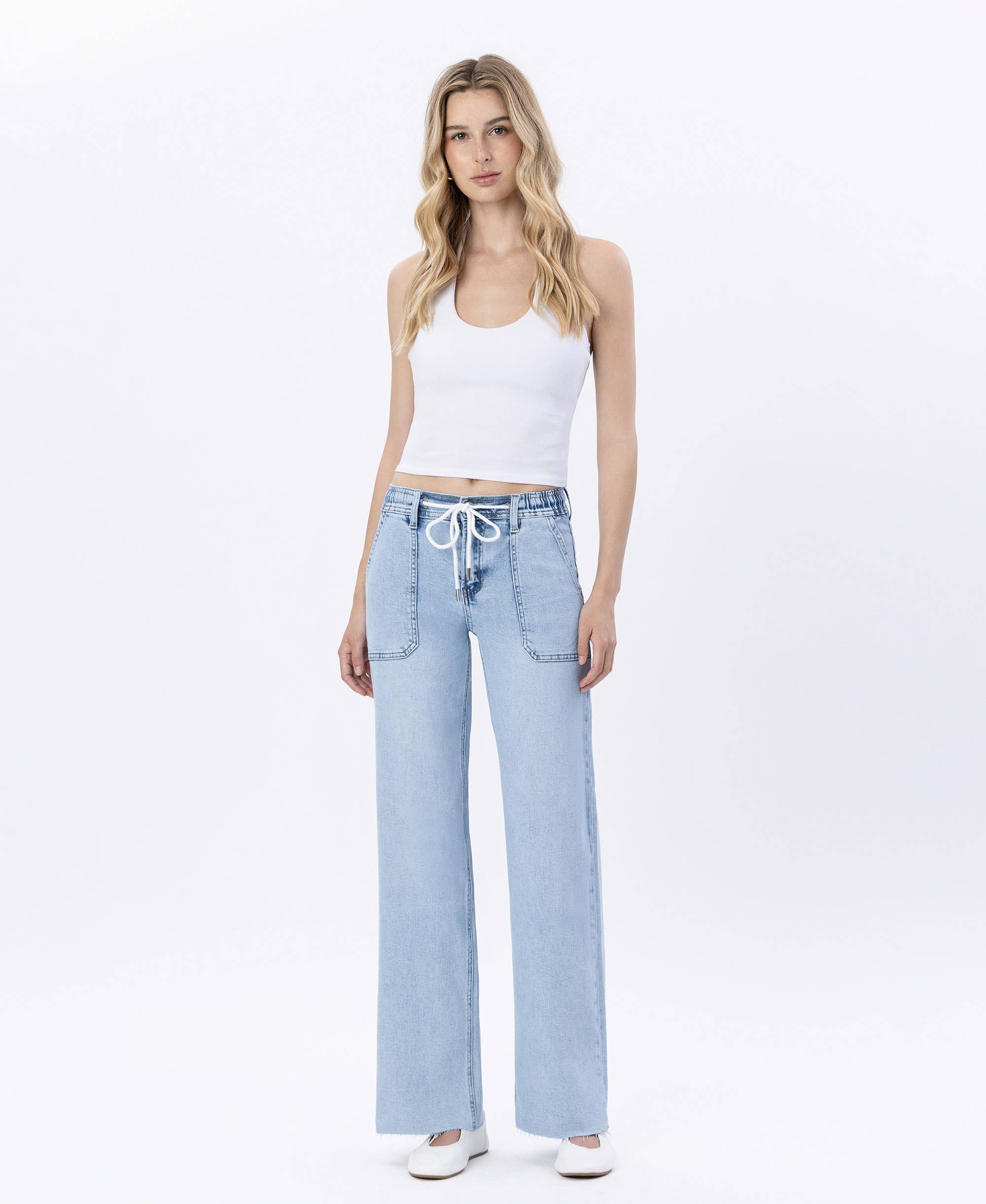 LOVERVET-HIGH RISE DRAWSTRING WAISTBAND WIDE LEG JEANS