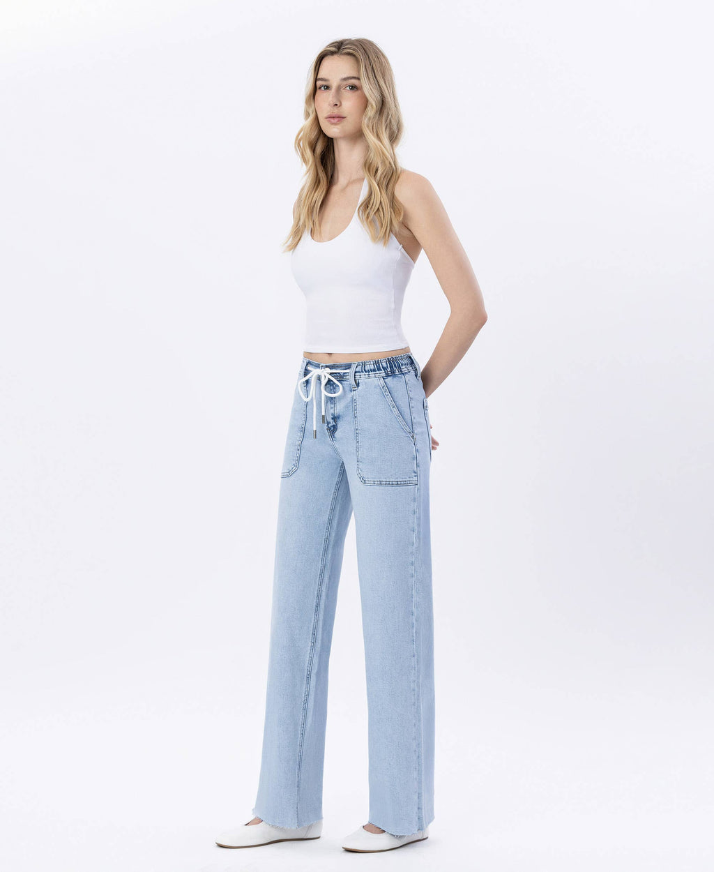 LOVERVET-HIGH RISE DRAWSTRING WAISTBAND WIDE LEG JEANS