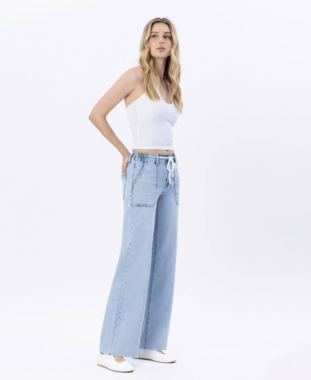LOVERVET-HIGH RISE DRAWSTRING WAISTBAND WIDE LEG JEANS