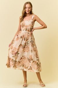 FLORAL SILKY WOVEN V WAIST MIDI DRESS
