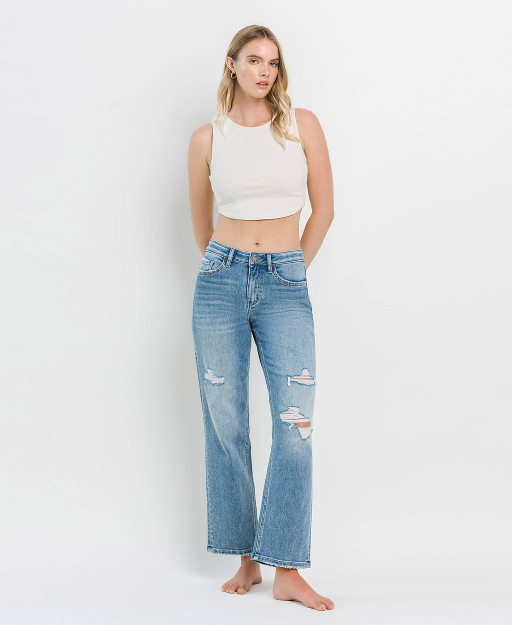 VERVET-HIGH RISE DISTRESSED SLIM WIDE JEANS
