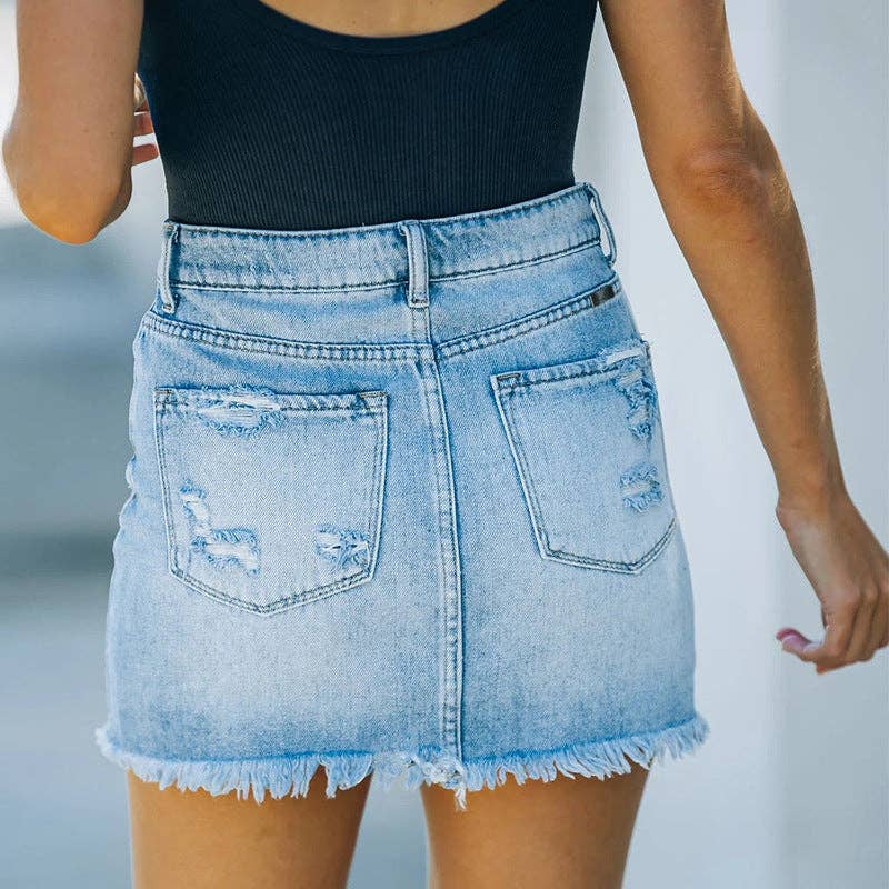 Distressed Raw Hem Denim Skirt