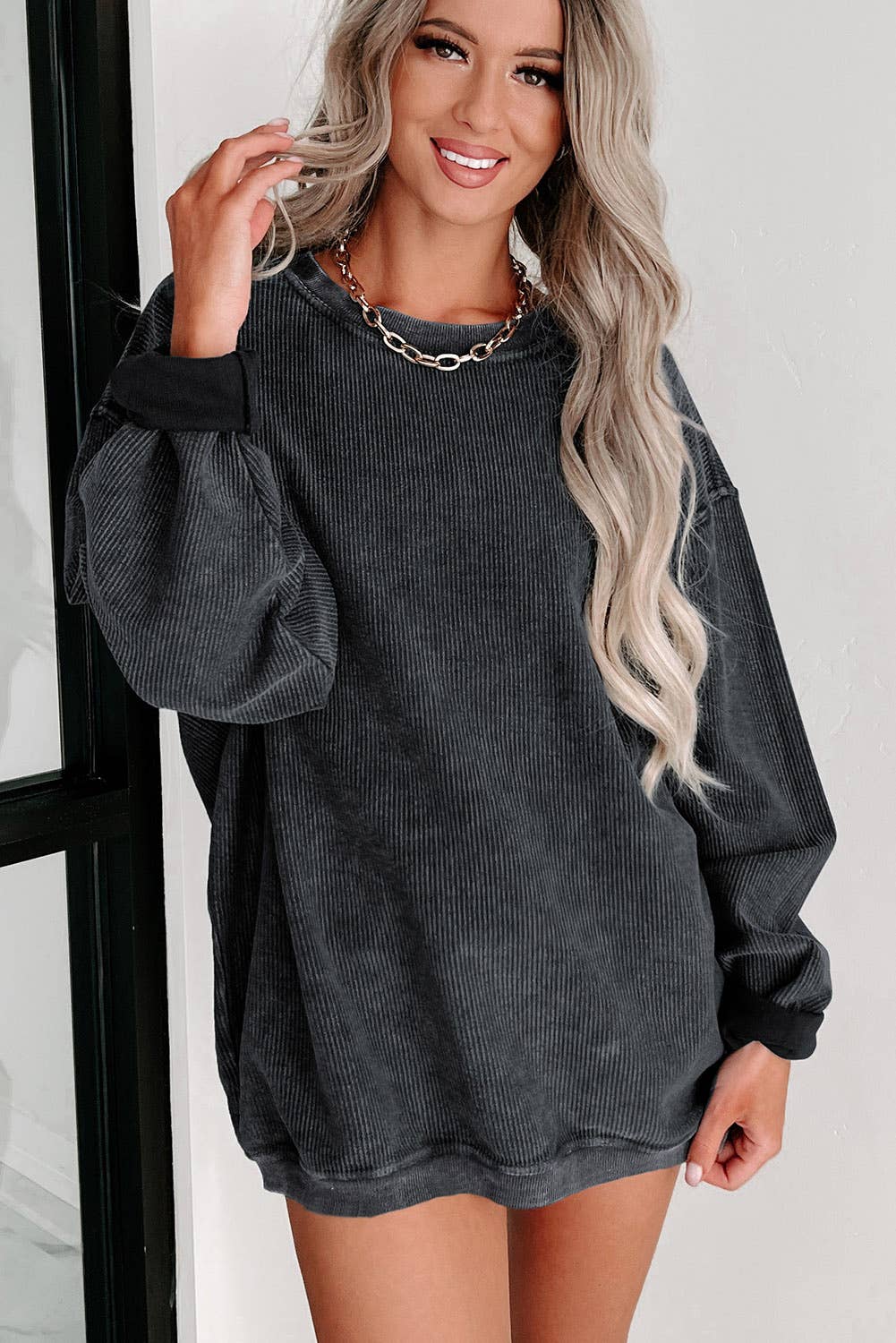 Ribbed Knit Pullover Sweatshirt