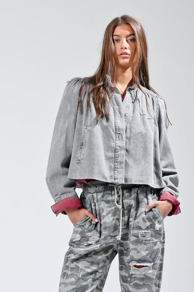 Grey Detailed Shoulder Denim Jacket
