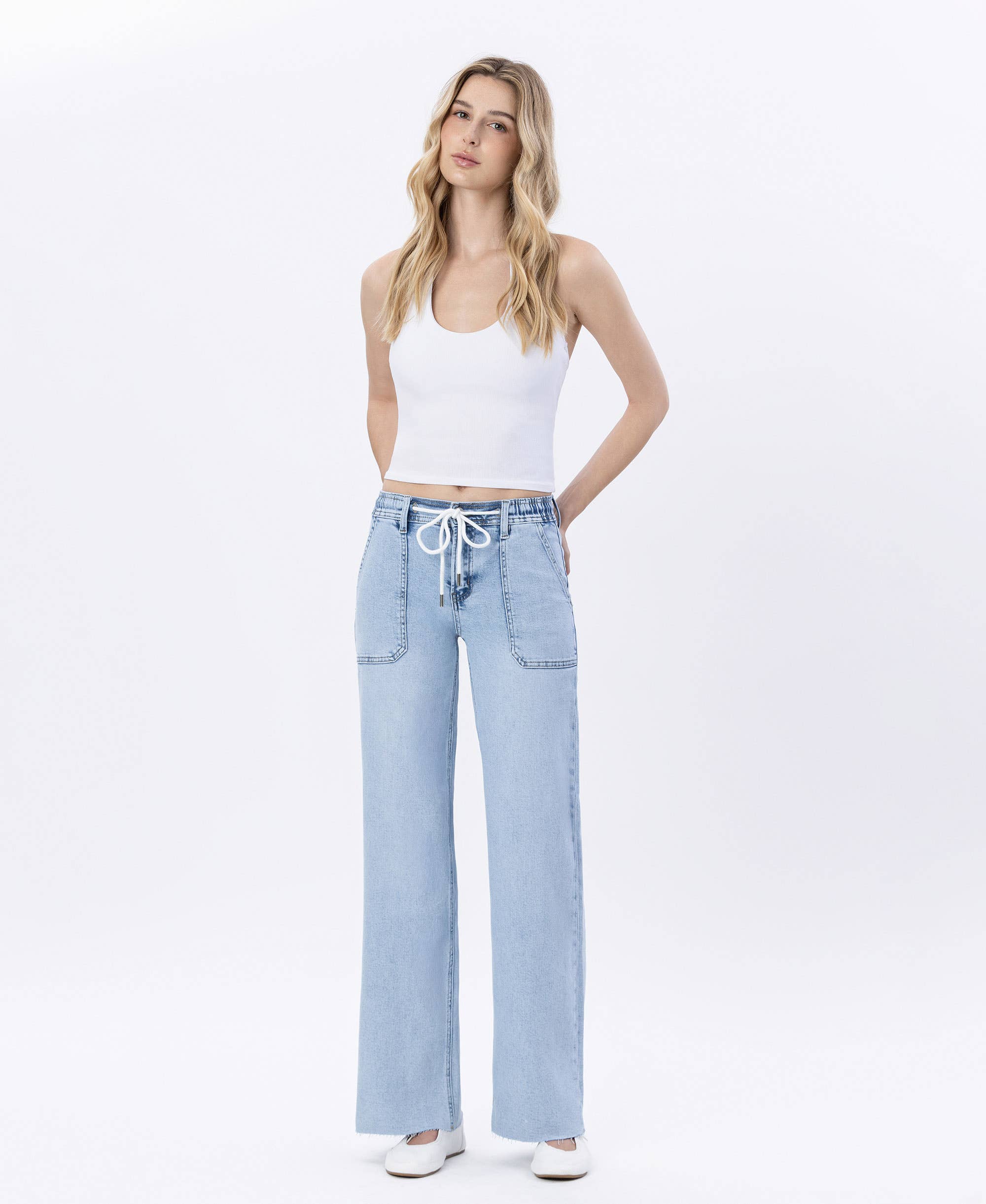 LOVERVET-HIGH RISE DRAWSTRING WAISTBAND WIDE LEG JEANS