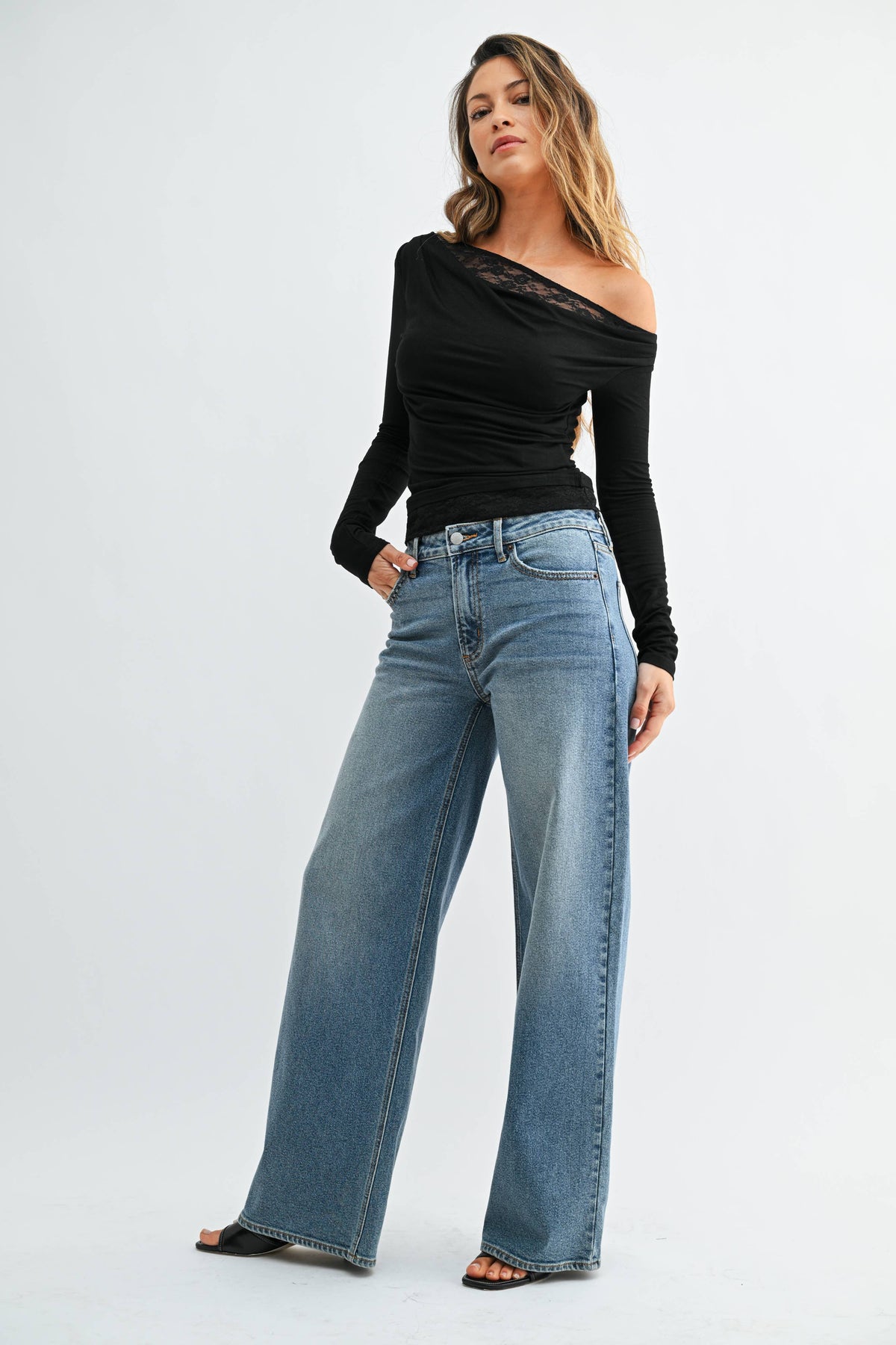 High Rise Full Length Straight Medium Denim