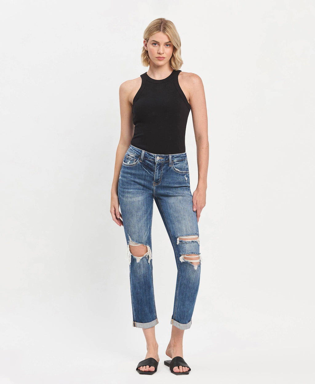 LOVERVET-HIGH RISE DOUBLE CUFFED BOYFRIEND JEANS