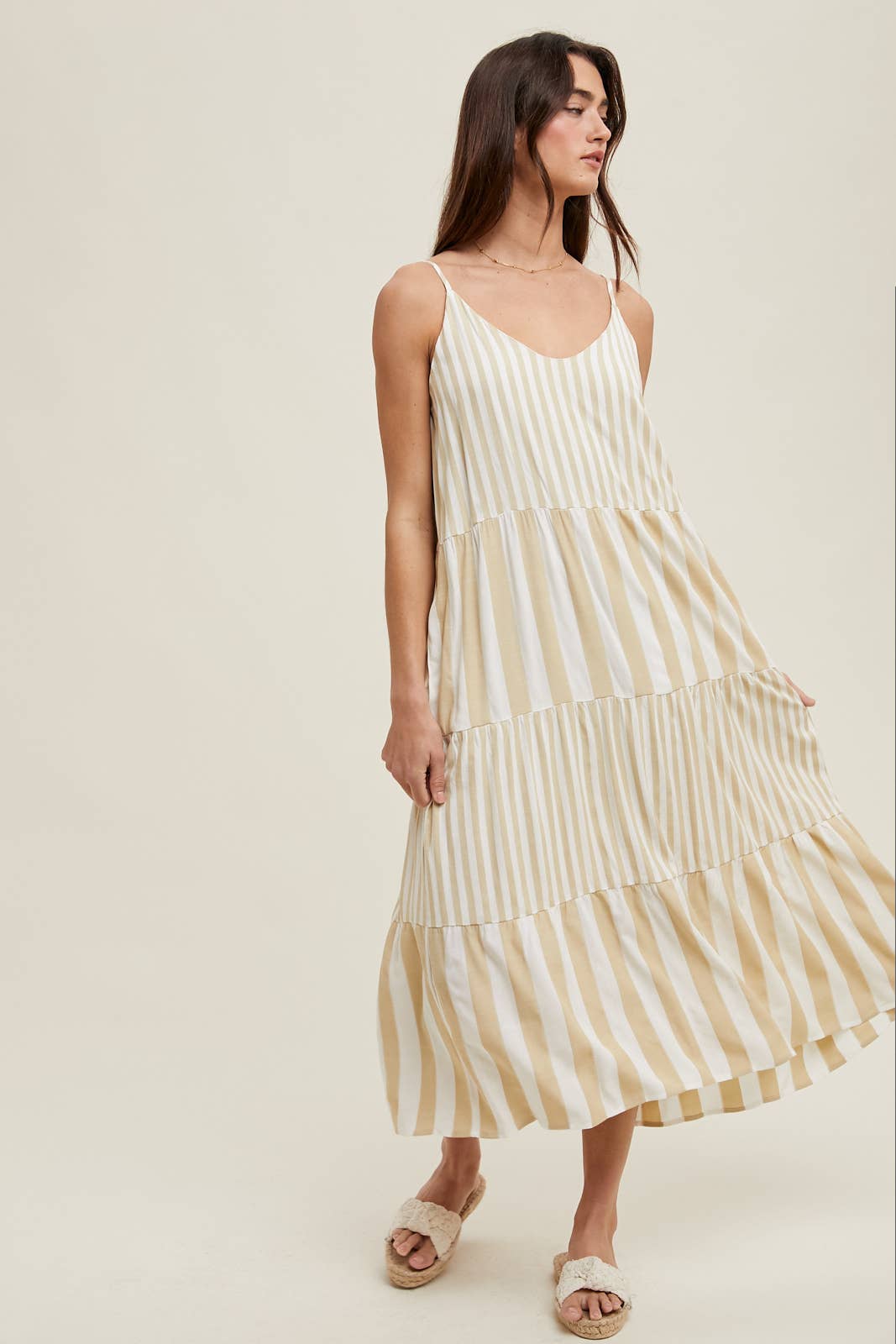 MULTI-STRIPED TIERED MIDI DRESS