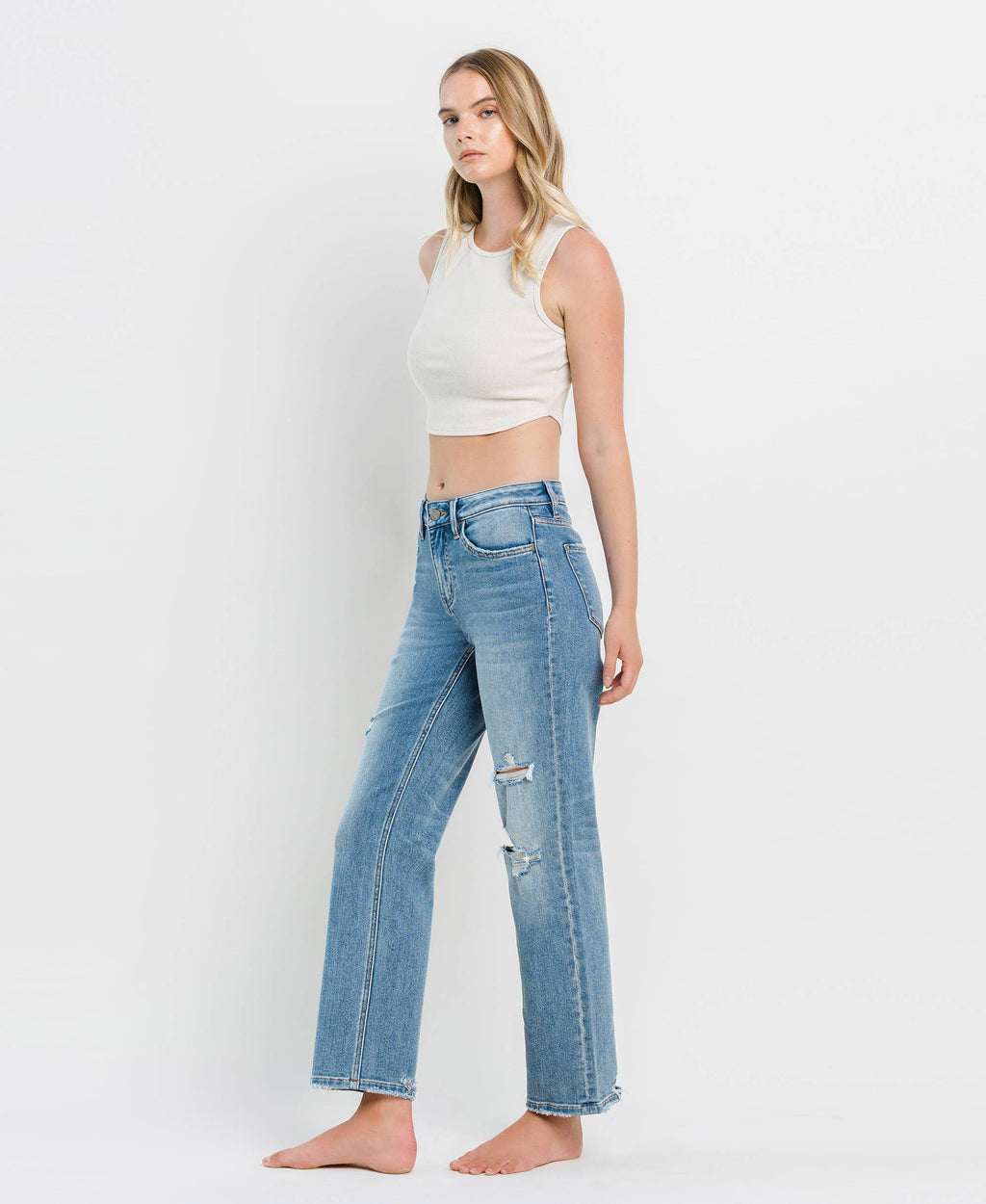VERVET-HIGH RISE DISTRESSED SLIM WIDE JEANS