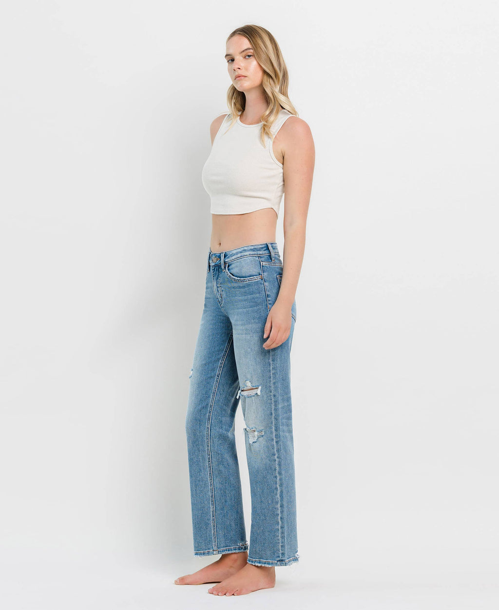 VERVET-HIGH RISE DISTRESSED SLIM WIDE JEANS
