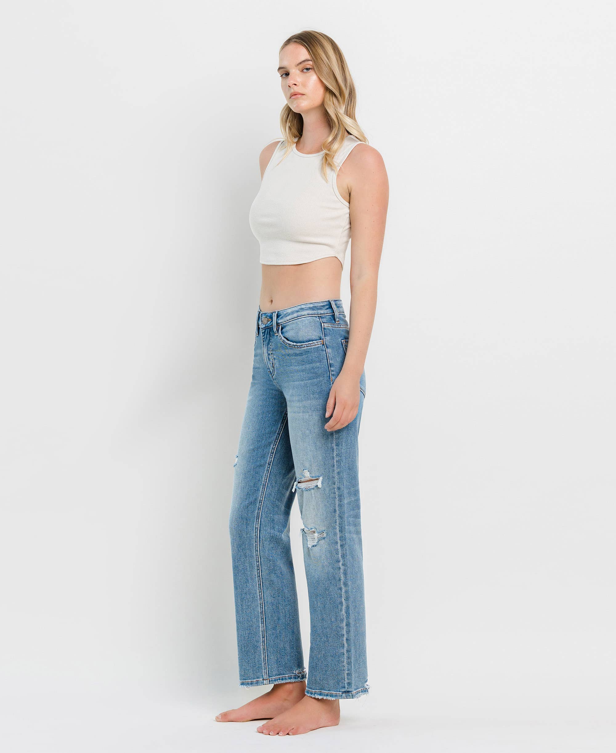 VERVET-HIGH RISE DISTRESSED SLIM WIDE JEANS