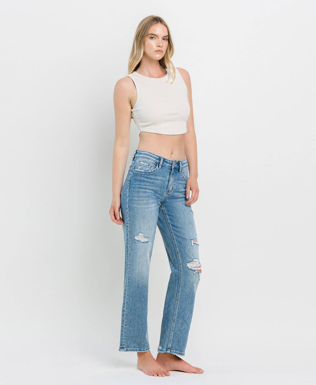 VERVET-HIGH RISE DISTRESSED SLIM WIDE JEANS