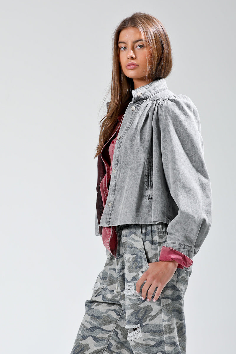 Grey Detailed Shoulder Denim Jacket