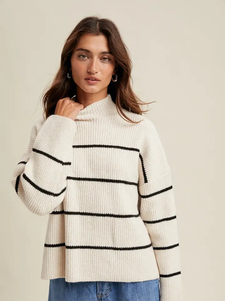 Black/Cream Mock Neck Ribbed Knit Sweater