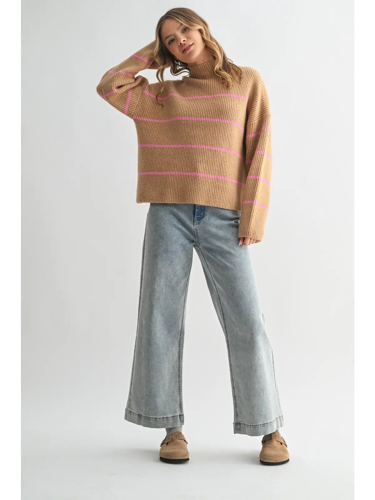 Brown/Pink Mock Neck Ribbed Knit Sweater