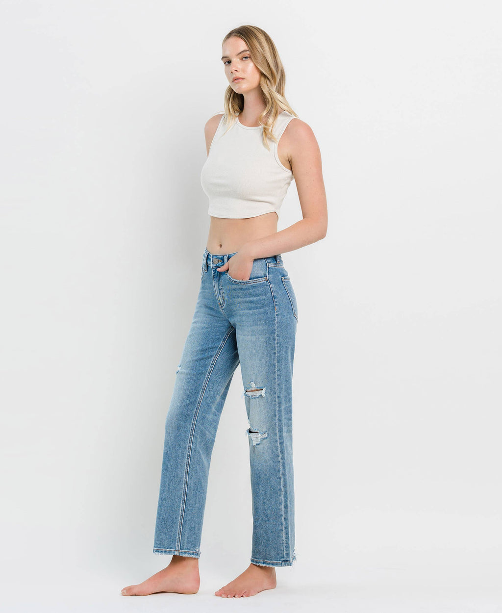 VERVET-HIGH RISE DISTRESSED SLIM WIDE JEANS