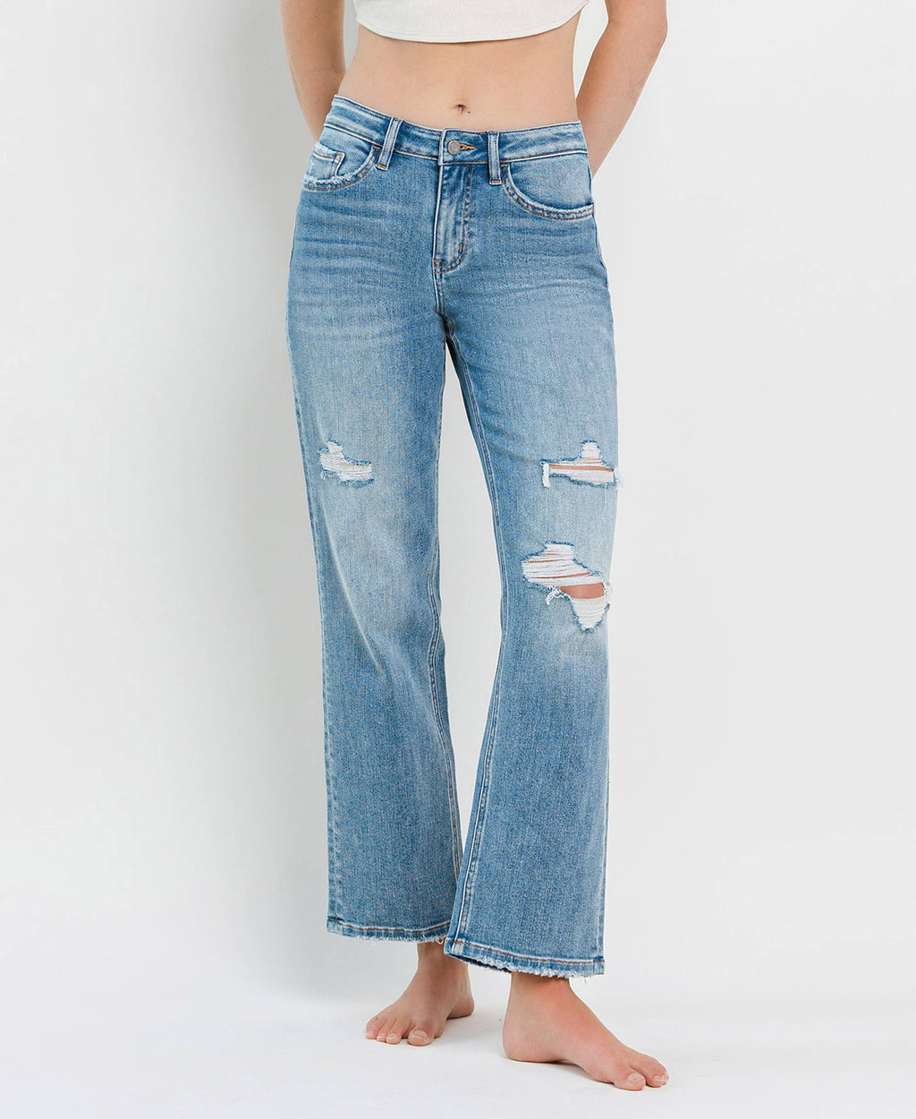 VERVET-HIGH RISE DISTRESSED SLIM WIDE JEANS
