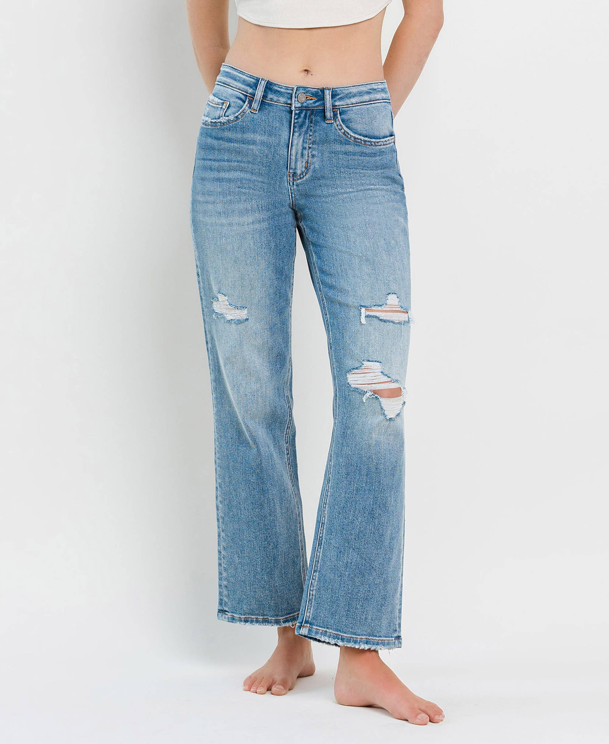 VERVET-HIGH RISE DISTRESSED SLIM WIDE JEANS