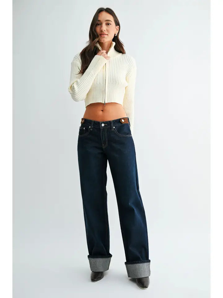 Dark cuffed Straight with waistband Detail