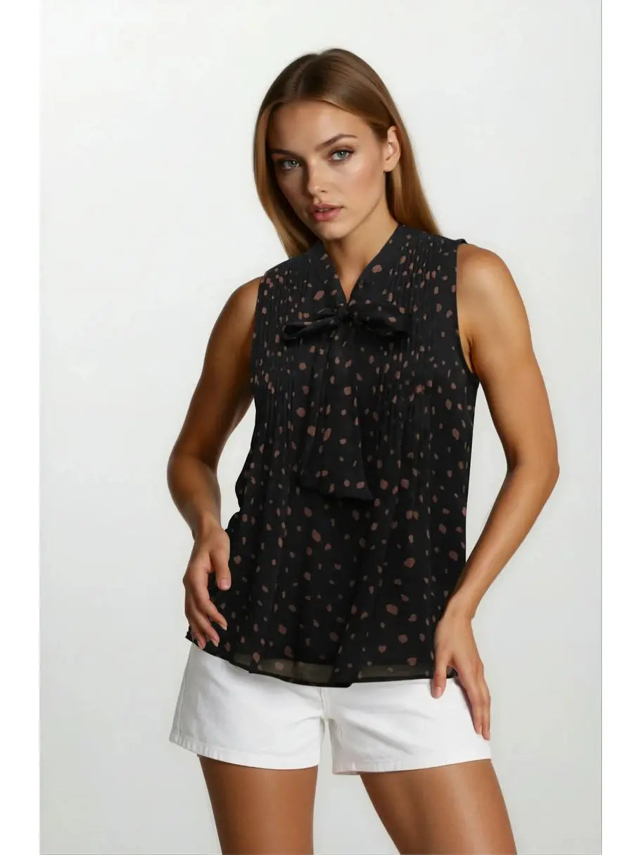 Yoryu Chiffon Neck Bow Sleeveless Pintuck