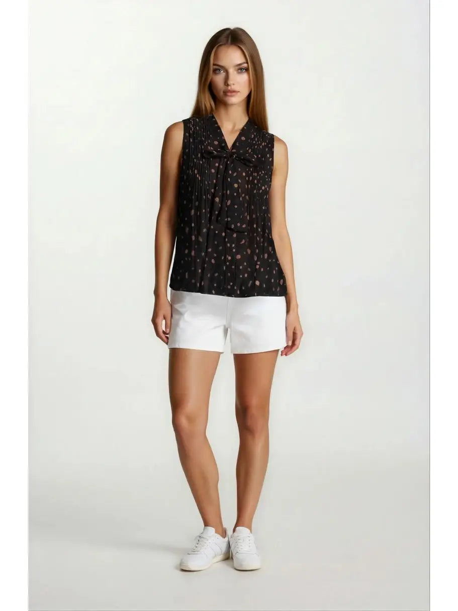 Yoryu Chiffon Neck Bow Sleeveless Pintuck