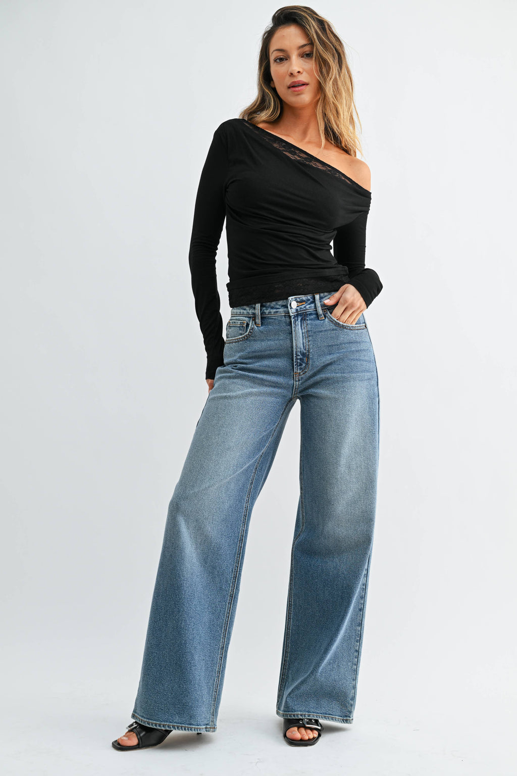High Rise Full Length Straight Medium Denim
