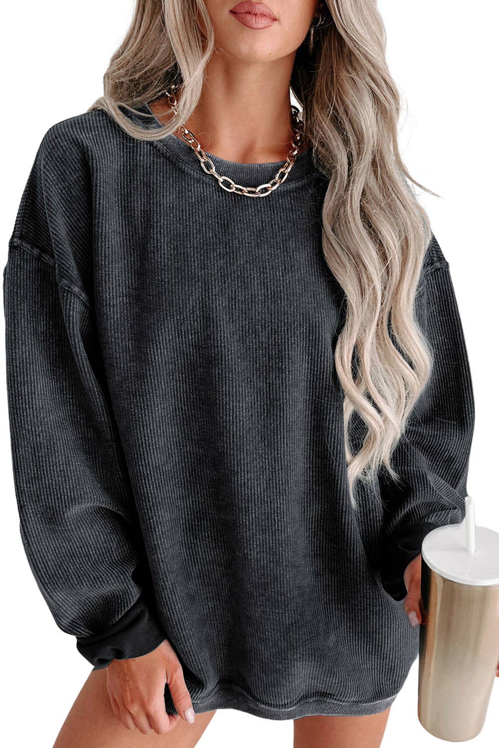 Ribbed Knit Pullover Sweatshirt