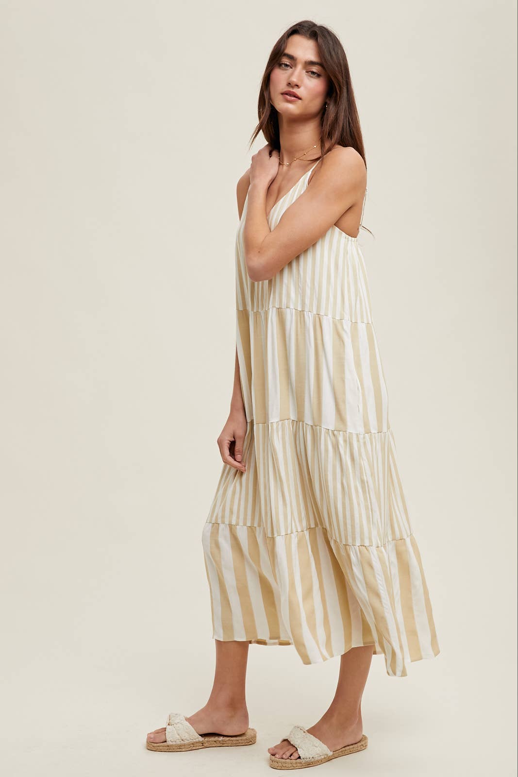 MULTI-STRIPED TIERED MIDI DRESS