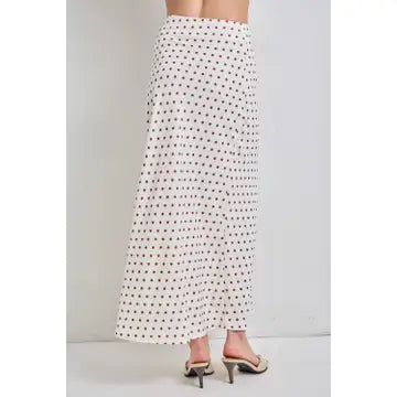 Brown Polka Dot Satin Midi Skirt