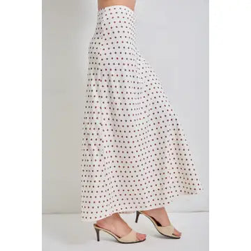 Brown Polka Dot Satin Midi Skirt