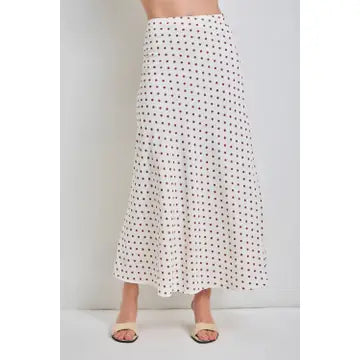 Brown Polka Dot Satin Midi Skirt